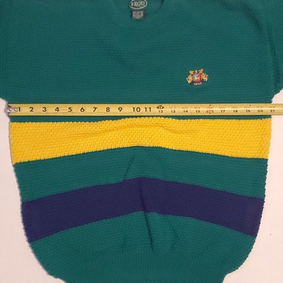 Vintage Izod Chunky Cable Knit Tennis Sweater V Neck Size M Green Blue Yellow - Picture 9 of 10